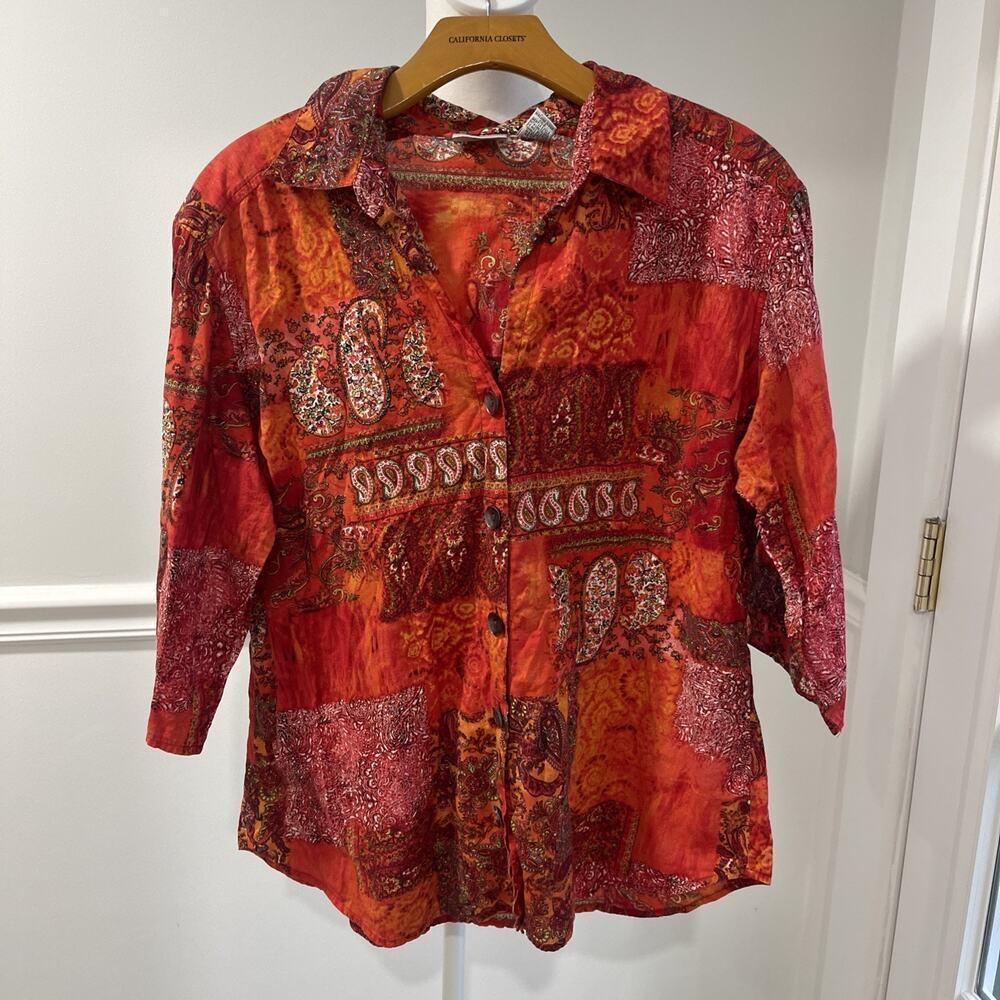Chicos Womens Patchwork Paisley Print Button Up Shirt Sz 2 Large 1/2 Sleeve Lite